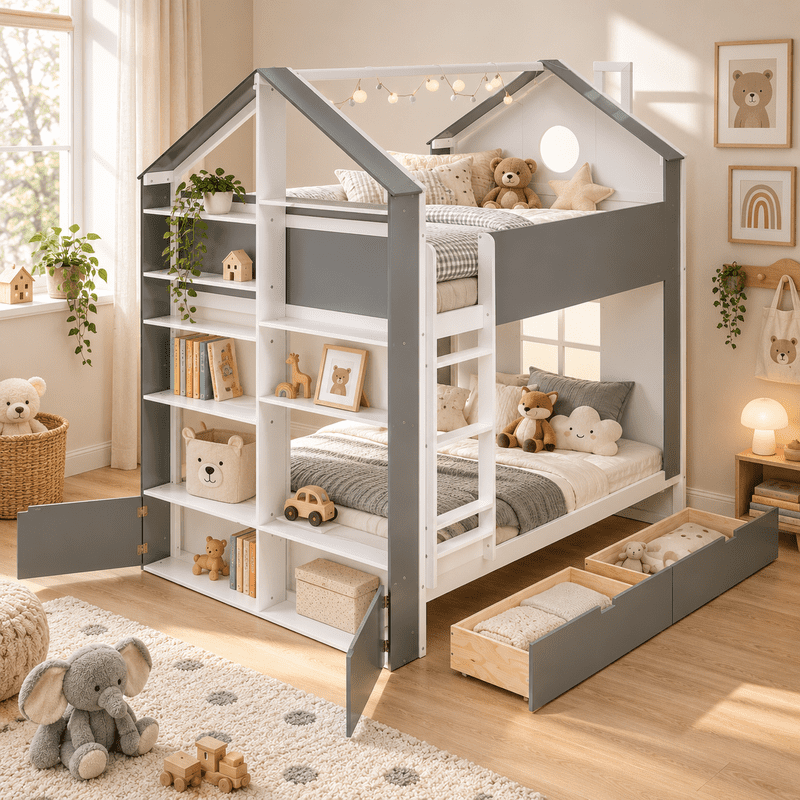 Full Over Full Bunk Bed with Storage Drawers and Shelves, Modern Two-Tone Wood Bunk Bed with LED Light Strip, Safety Guardrails and Ladder, Space-Saving Bed Frame for Kids, Teens