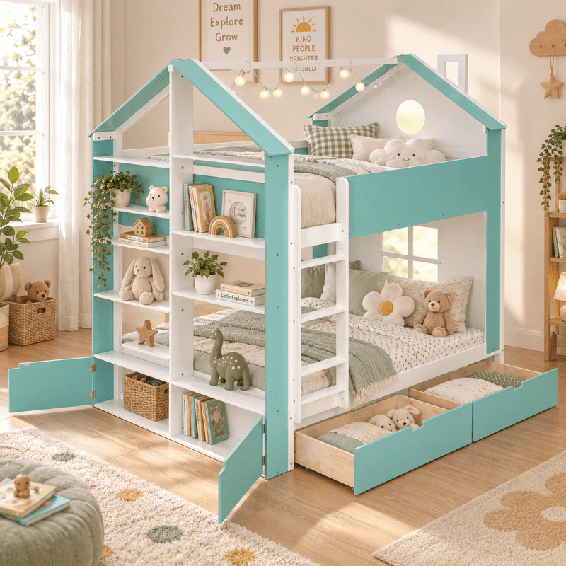 Full Over Full Bunk Bed with Storage Drawers and Shelves, Modern Two-Tone Wood Bunk Bed with LED Light Strip, Safety Guardrails and Ladder, Space-Saving Bed Frame for Kids, Teens