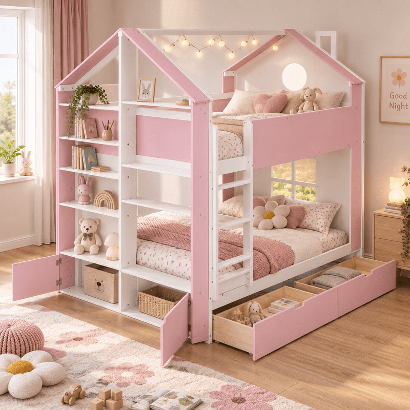 Full Over Full Bunk Bed with Storage Drawers and Shelves, Modern Two-Tone Wood Bunk Bed with LED Light Strip, Safety Guardrails and Ladder, Space-Saving Bed Frame for Kids, Teens