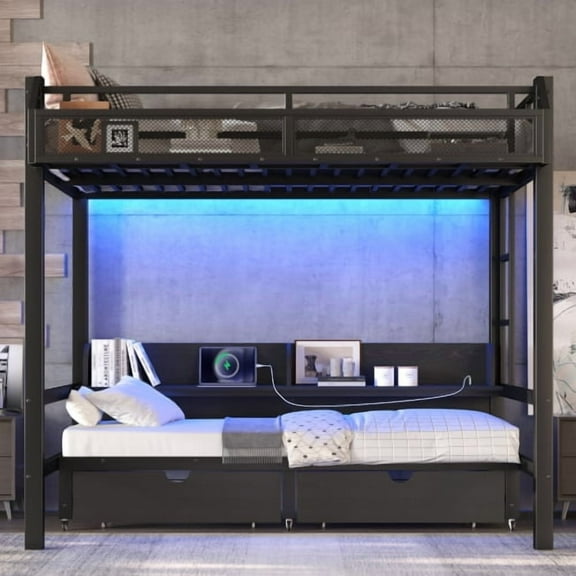 Full over Full Bunk Bed with Storage, Metal Bunk Bed with USB Ports & LED Lights, Lower Bed Converts to Sofa, Multifunctional Bunk Beds for Adults & Teens, Black