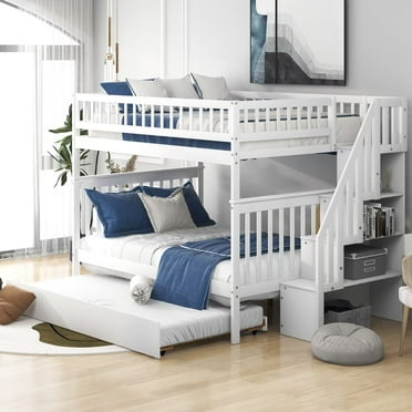 Full over Full Bunk Bed with Trundle Bed, Solid Wood Stairway Bunk Bed Convertible to 3 Platform Bed,  Space-Saving Bunked with Full-Length Safe Guardrail for Kids, Teens and Adults,White