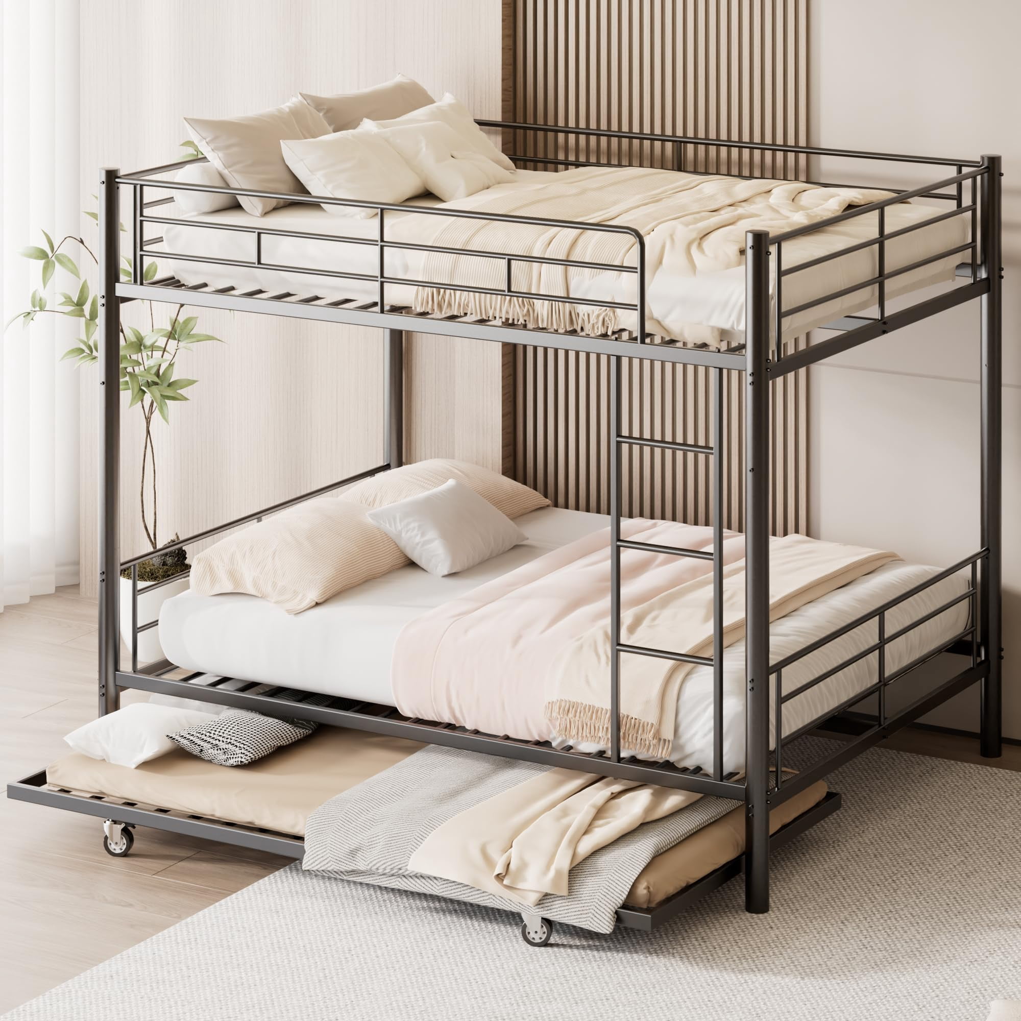 Full Over Full Bunk Bed with Trundle, Heavy Duty Metal Bed Frame with