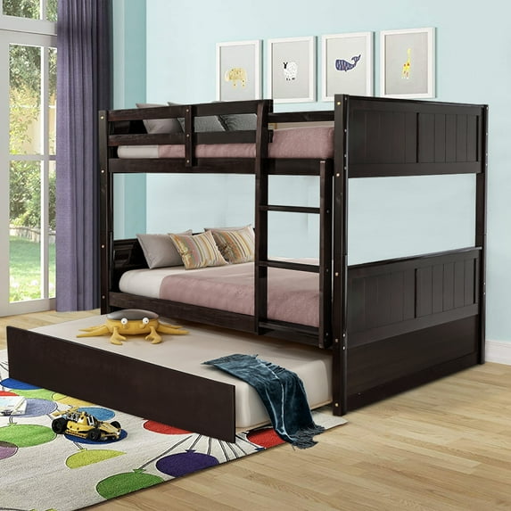 Full Over Full Bunk Bed with Twin Size Trundle, Solid Wood Bunk Beds Full Over Full with Safety Railand Ladder, Convertible to Two Full-Size Platform Bed, Bunk Bed for Kids Teens Adults, Espresso