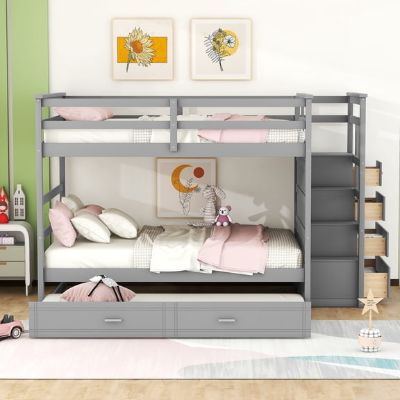 Full Over Full Bunk Bed with Twin Size Trundle & Staircase, Solid Pine Wood Frame with 4 Storage Drawers, Space-Saving Design, No Box Spring Needed, Gray