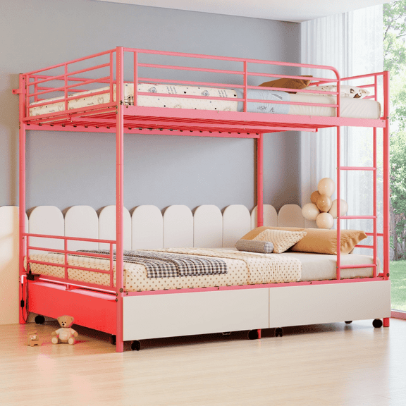 Full over Full Bunk Bed with USB Charging Station, Convertible Splits into 2 Beds, Metal Frame with Storage, Safety Guardrail & Ladders, No Box Spring Needed, Pink