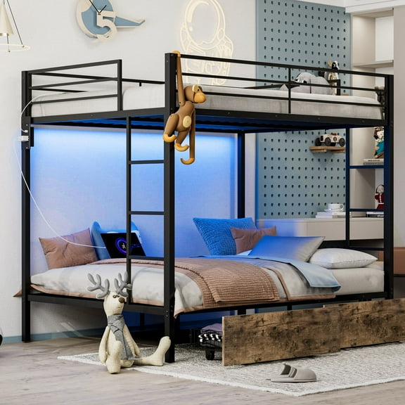 Full Over Full Bunk Beds with 2 Storage Drawers & LED Lights, Heavy Duty Metal Bunk Bed Frame with Charging Station, Safety Guardrail and 2 Ladders, No Box Spring Needed, Easy Assembly, Black