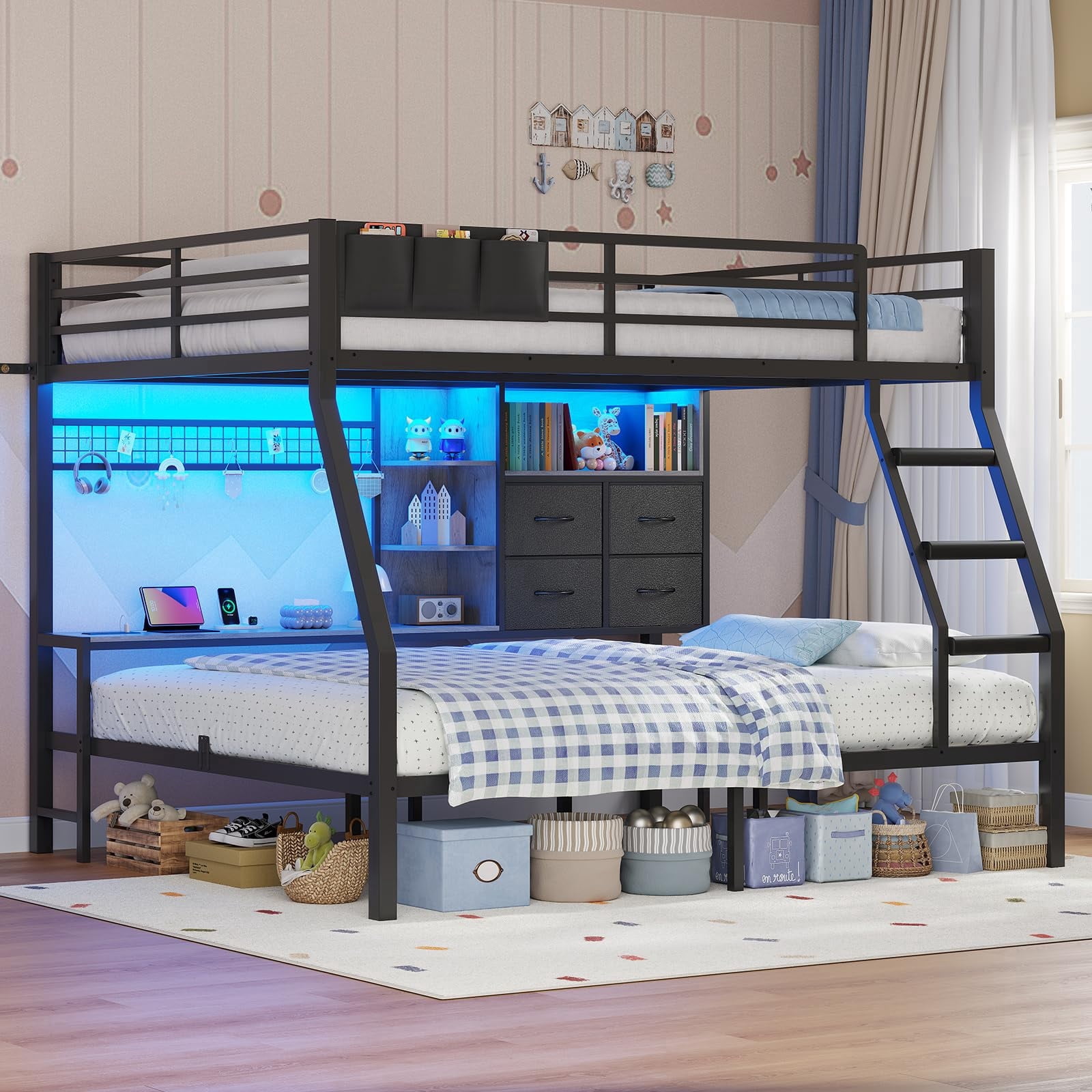 Plonmago, Full Over Full Bunk Beds, with Storage and LED Lights, Black