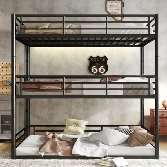 Full over Full over Full Triple Bunk Bed, Heavy-Duty Metal Bunk Bed Frame with Safety Guardrails and Noise-Reduced Design for Bedroom, Guest Room, Black