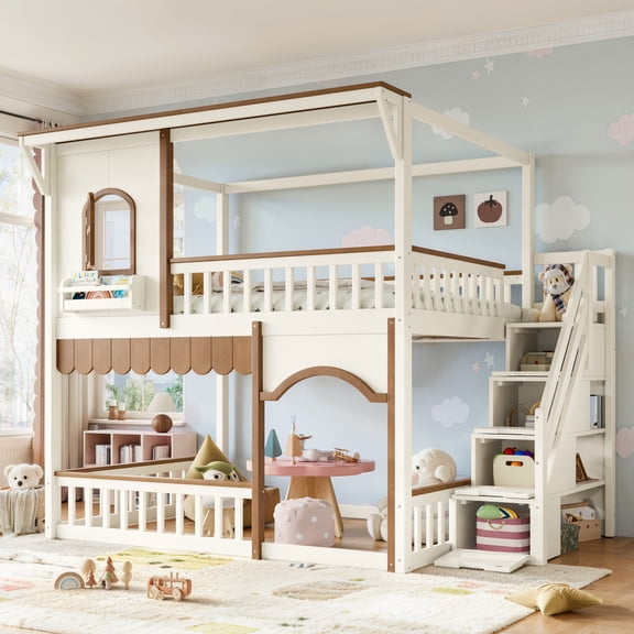 Full over Full House Bunk Bed with Storage Stairs, House Bunk Bed with Window & Side Bookshelf, Convertible Lower Space for Sleep or Play, Solid Wood Bed Frame with Play Designed. Beige & Deep Natura