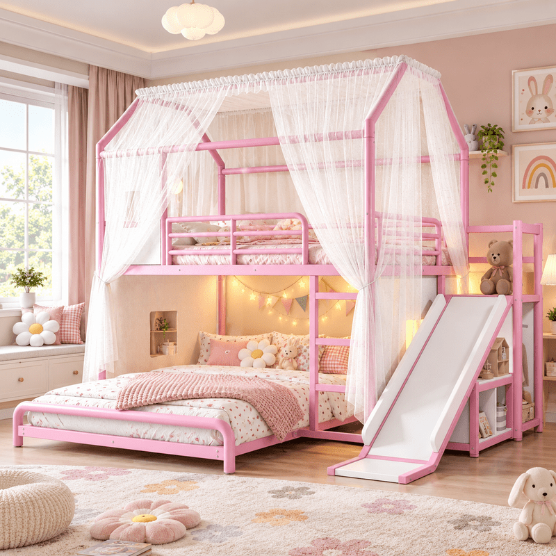 Full Over Full Metal Bunk Bed with Slide, Ladder, LED Light, Privacy Curtain and Movable Storage Cabinet, House-Shaped Kids Bunk Bed with Hanging Rod, No Box Spring Required