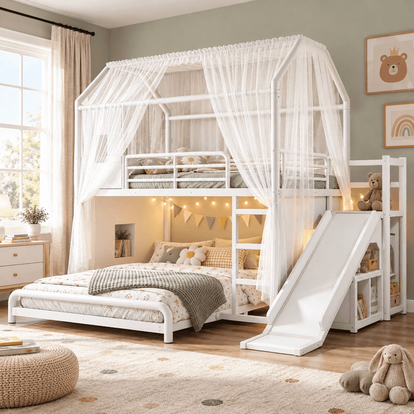 Full Over Full Metal Bunk Bed with Slide, Ladder, LED Light, Privacy Curtain and Movable Storage Cabinet, House-Shaped Kids Bunk Bed with Hanging Rod, No Box Spring Required