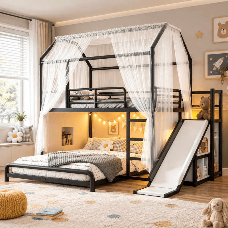 Full Over Full Metal Bunk Bed with Slide, Ladder, LED Light, Privacy Curtain and Movable Storage Cabinet, House-Shaped Kids Bunk Bed with Hanging Rod, No Box Spring Required