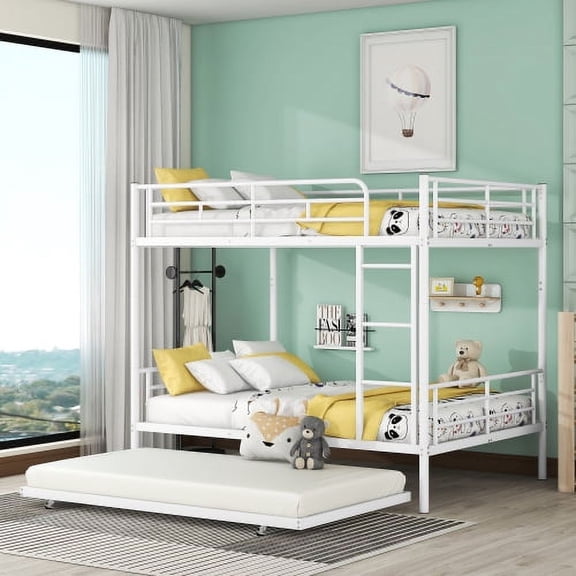 Full Over Full Metal Bunk Bed with Trundle, Streamlined Iron Frame, Full-Length Guardrails, Convertible into Separate Beds, No Box Spring Needed, for Bedroom, White