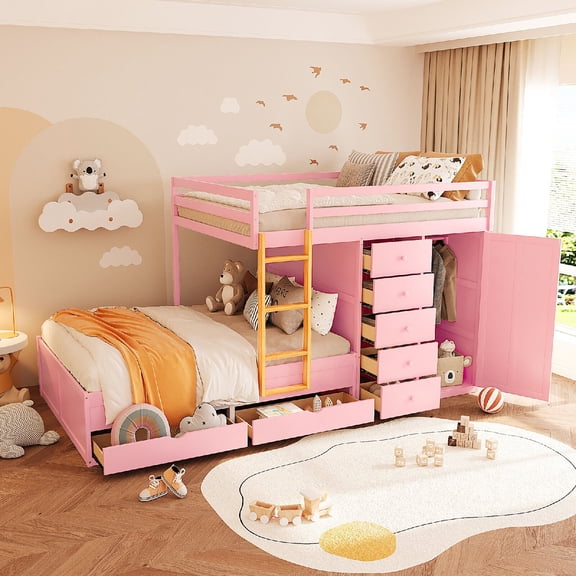 Full Over Full Size Bunk Bed Frame with 2 Storage Large Drawers & 5 Small Drawers, Modern Storage Design MDF & Solid Wood Bunk Bed with Small Wardrobe and Ladder for Bedroom, Apartment, Pink