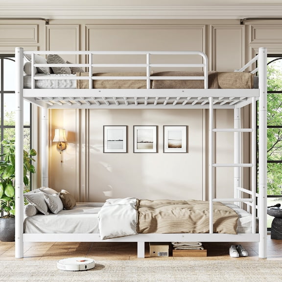 Full over Full Size Bunk Bed Frame with Able to Split, Metal Bunk Bed with Safety Guardrails and Ladder for Bedroom Apartment, Dorm, Guest Room, Easy Assembly, Mattress Not Included, White