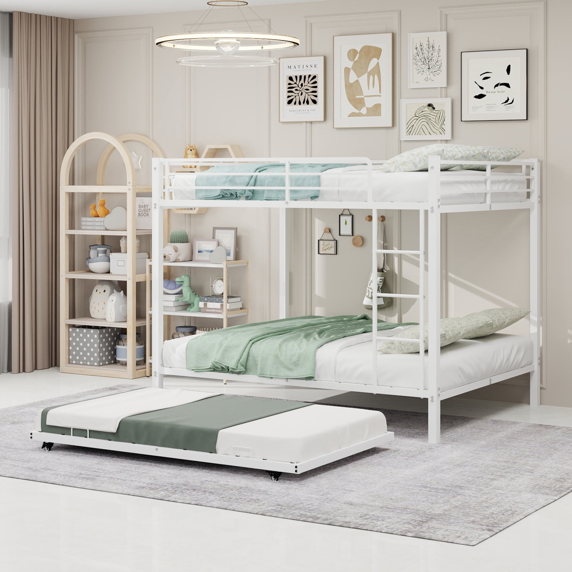 Full over Full Size Bunk Bed with Trundle, Heavy-Duty Metal Bunk Bedframe with Ladder and Full-Length Guardrails for Kids Teens Adults, No Box Spring Needed