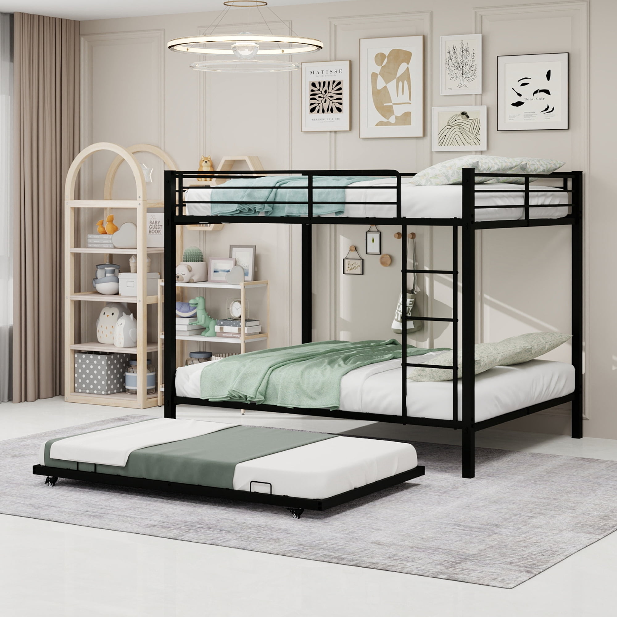 Full over Full Size Bunk Bed with Trundle, Heavy-Duty Metal Bunk Bedframe with Ladder and Full-Length Guardrails for Kids Teens Adults, No Box Spring Needed