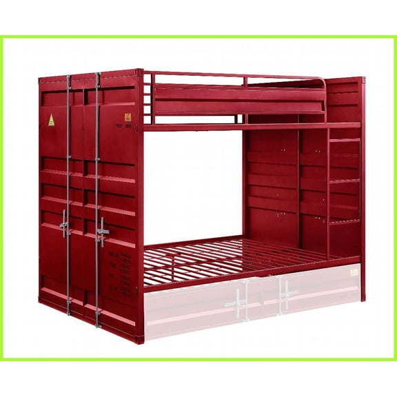 Full/Full Size Metal Cargo Container Bunk Bed with RF Ladder - Cargo Red Finish, Stacked Only