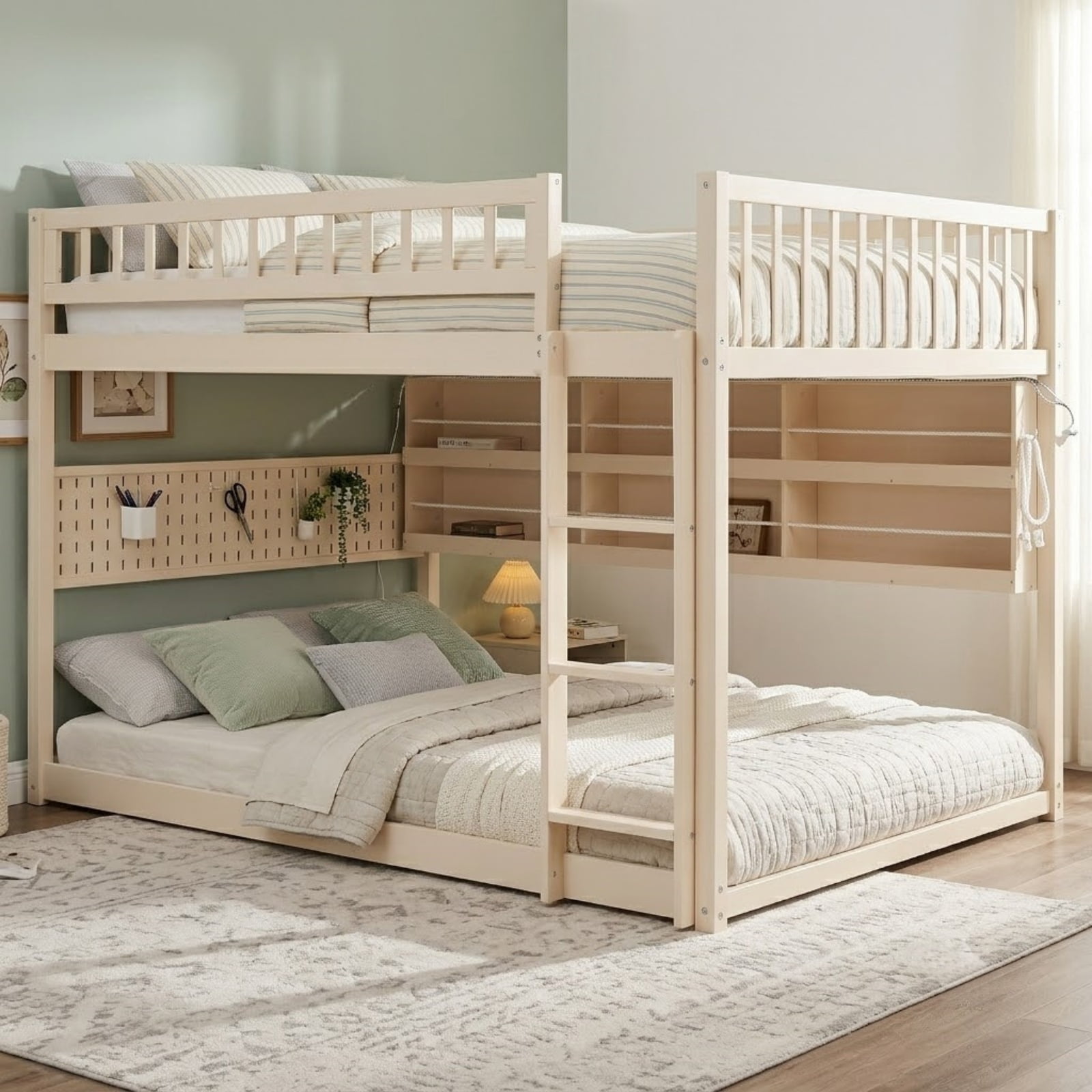 Full over Full Wood Bunk Bed with Integrated Side Storage Shelves and Pegboard, Solid Wood Bunk Bed Frame with Color-Changing Lights and Safety Guardrails for Teens, Adults, Guests
