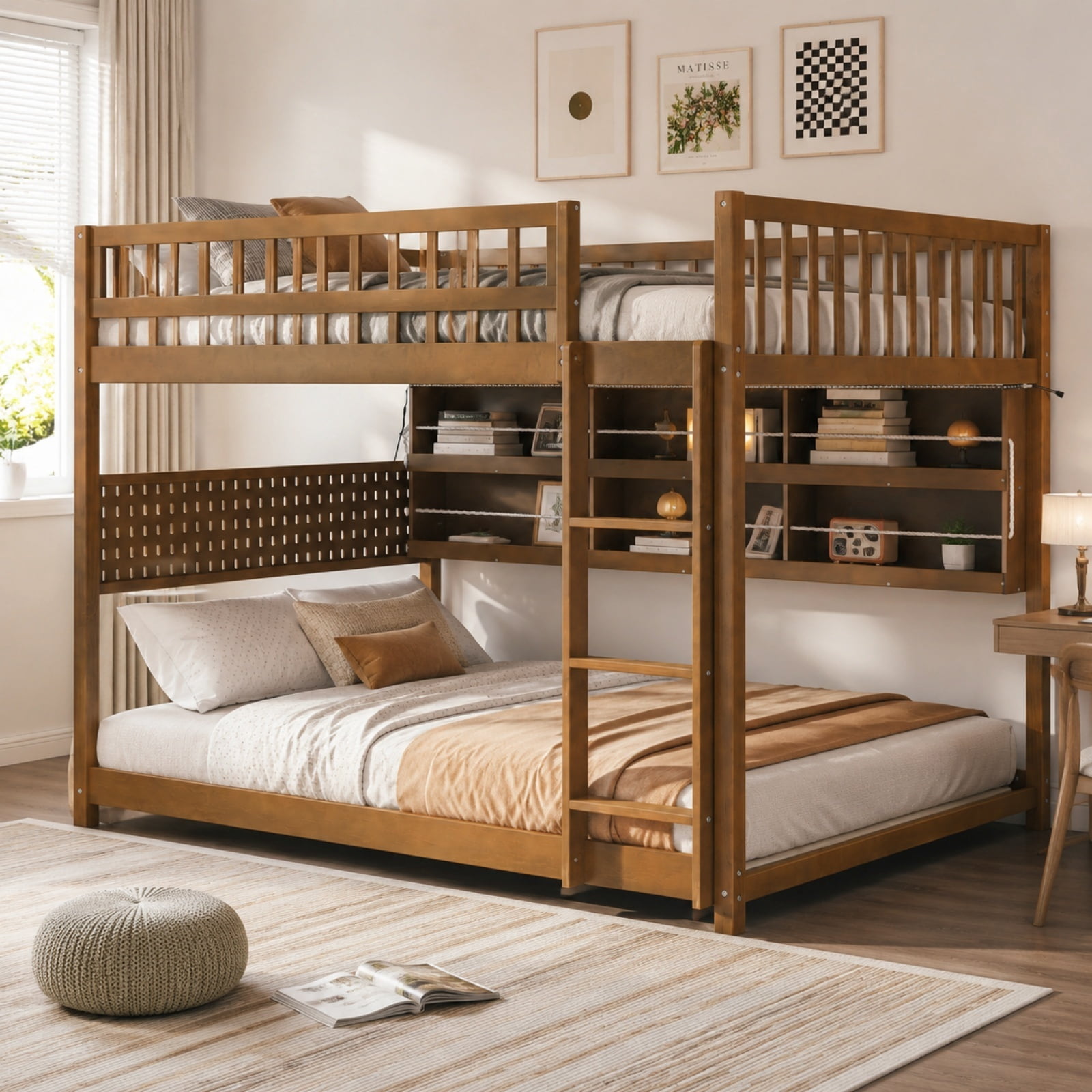 Full over Full Wood Bunk Bed with Integrated Side Storage Shelves and Pegboard, Solid Wood Bunk Bed Frame with Color-Changing Lights and Safety Guardrails for Teens, Adults, Guests