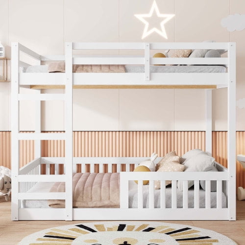 Full over Full Wood Bunk Bed with Ladder and Guardrails, Solid Pine Wood Frame, Full-Length Safety Rails, No Box Spring Needed, Space-Saving Design for Bedroom, Guest Room, Dorm, White