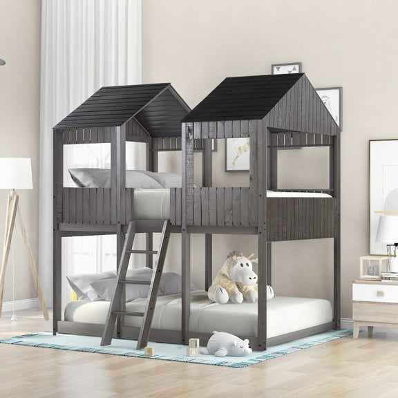 Full Over Full Wood Bunk Bed with Roof & Window | Playhouse Design | Pine Wood Frame | Guardrail & Ladder | Antique Gray | 78.7" L | Safe Sleeping & Play Space