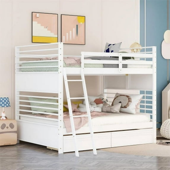 Full over Full Wood Bunk Bed with Two Storage Drawer, Removable Ladder and Safety Guardrail for Kids, Teens, Adults, Convertible to 2 Separated beds (White)