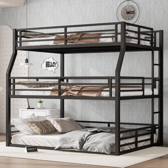 Luckynote Full/Full XL over Queen over Queen Bunk Bed, Metal Triple Bunk Bed with Bed Guard, Heavy Duty, Black