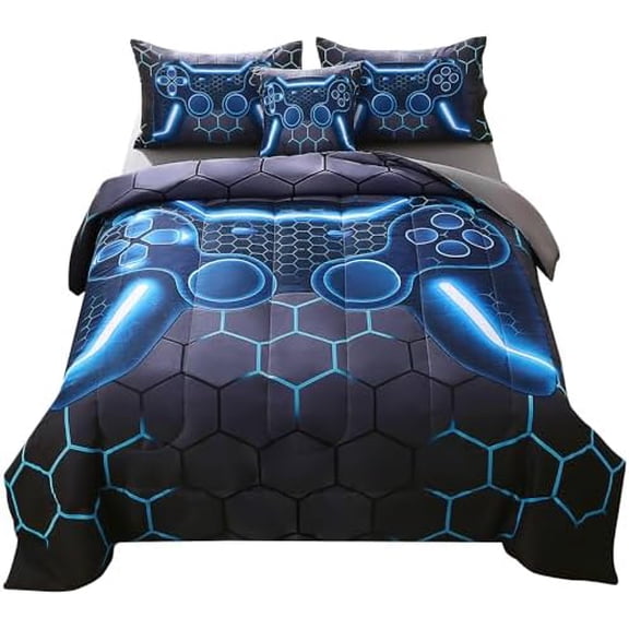 Full Gamer Comforter Set,6 Piece Bed in A Bag 3D Video Game Bedding -All Season Down Alternative Gamer Bedding Sets - (Blue Game Controller)