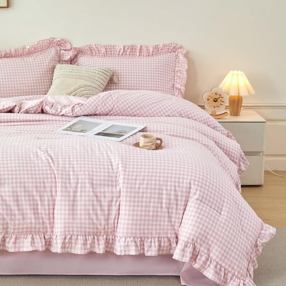 Full Gingham Bed in a Bag Ruffled Comforter Set 5 count Cozy Checkered Bedding Set Grid Bed Set for Seasons ( Gingham, Full)