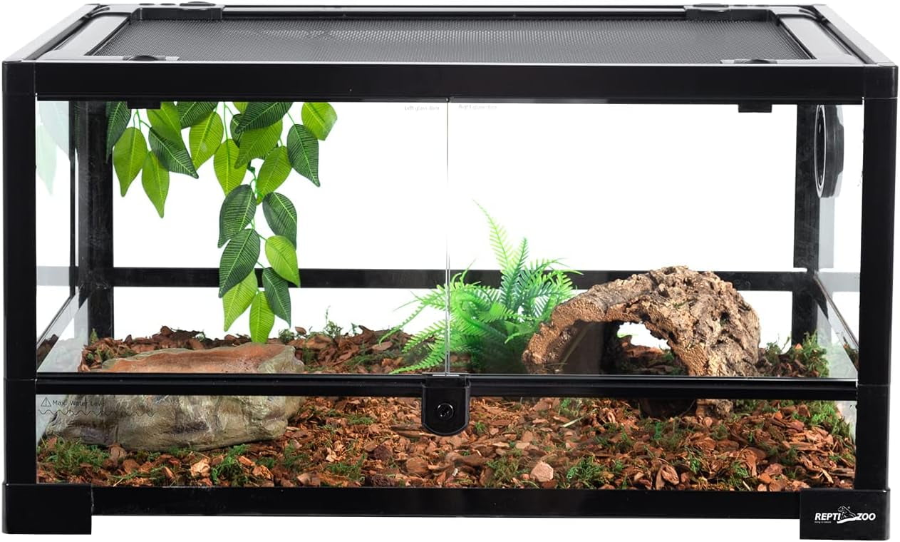 Full Glass Reptile Tank, Front Opening Reptile Terrarium, Double Hinged Opening Doors & Top Screen Ventilation Escape Proof Lid