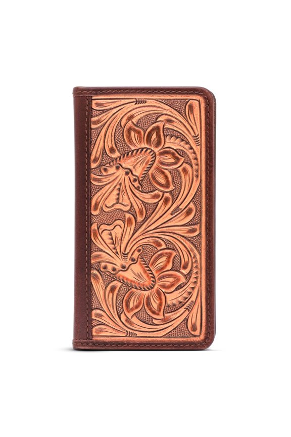 Full-Grain Buffalo Leather Floral Tooled Long Bifold Wallet - RFID-Blocking Vertical Wallet - Men's Bifold Wallets w/ 8 Slots, 2 Long Side Pockets, and Sleeve for Birthday, Christmas, and More Y101