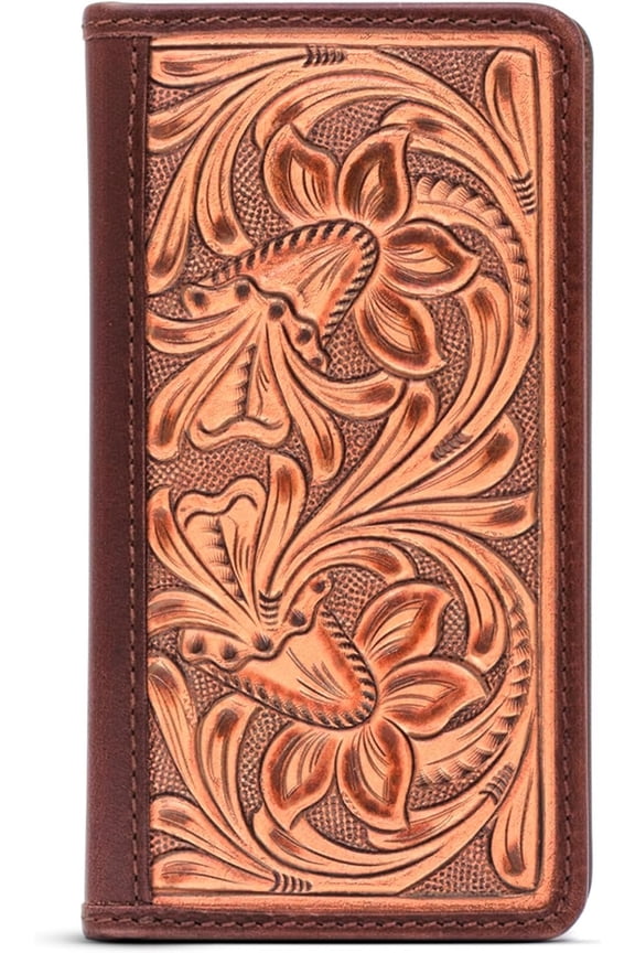 Full-Grain Buffalo Leather Floral Tooled Long Bifold Wallet - Sleek RFID-Blocking Vertical Wallet - Men's Bifold Wallets w/ 8 Slots, 2 Long Side Pockets, and Sleeve for Birthday, Christmas, and