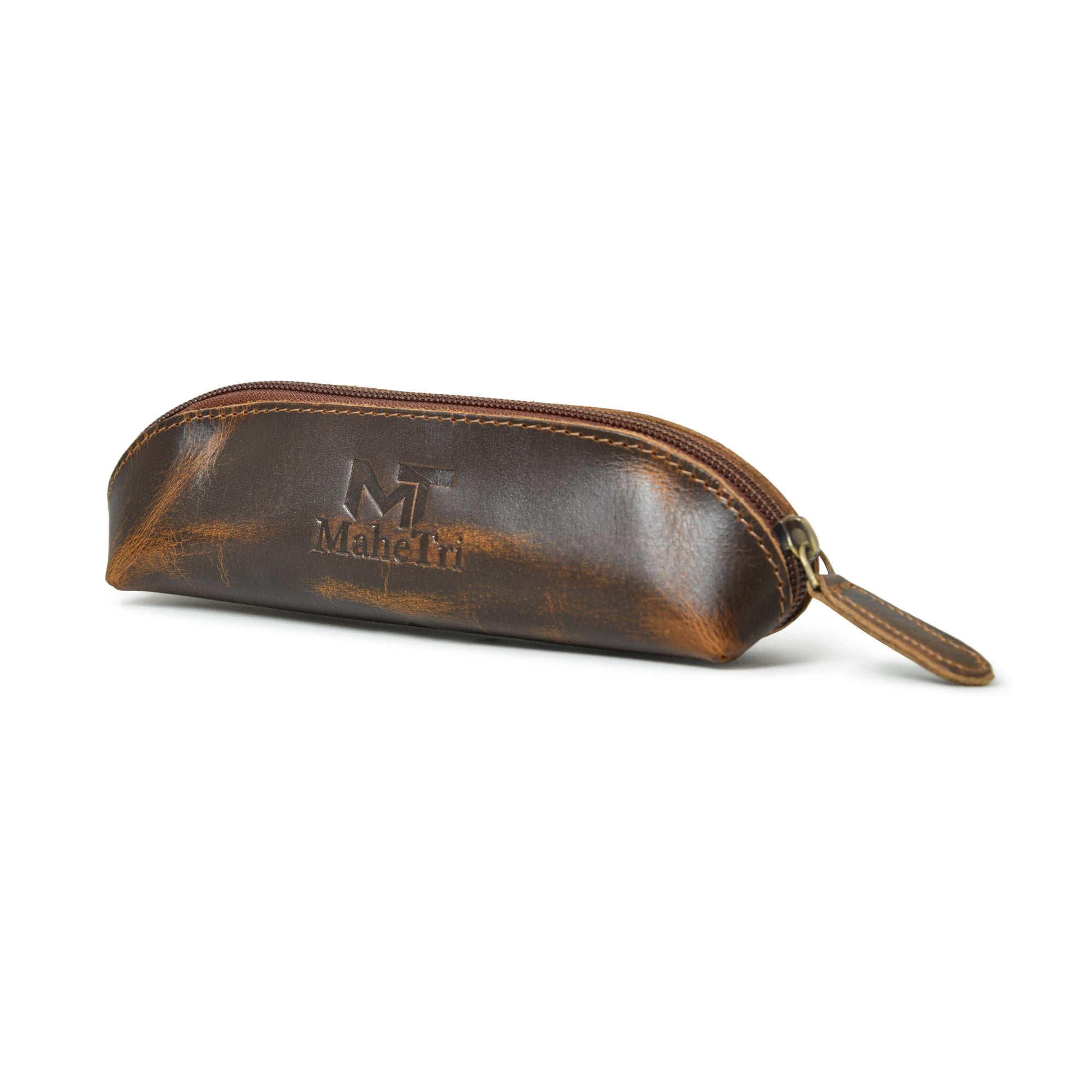 Full-Grain Buffalo Leather Pencil Case Zipper Pen Pouch Office Stationery Gift by MaheTri, Dark Brown