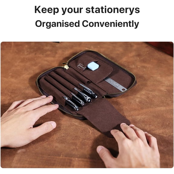 Full Grain Crazy Horse Leather Pencil Case Handmade Vintage Zipper Pen Holder Pouch with Card Slot Pens Organizer Pockets Stationery Bag for Men