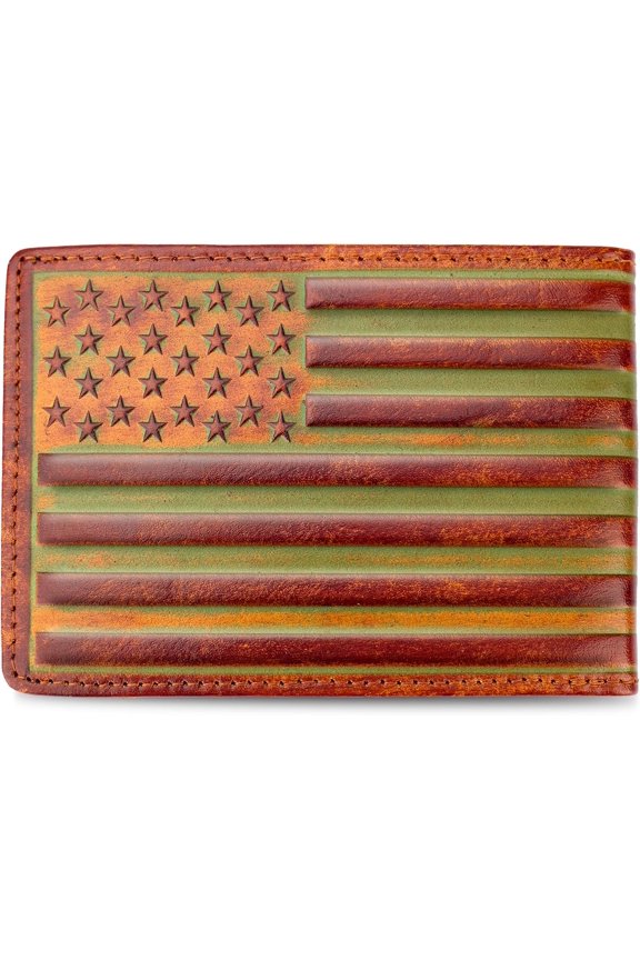 Full Grain Leather Bifold Wallets, RFID-Blocking, Western Wallets with 12 Slots(Brown,  Flag),  for Men