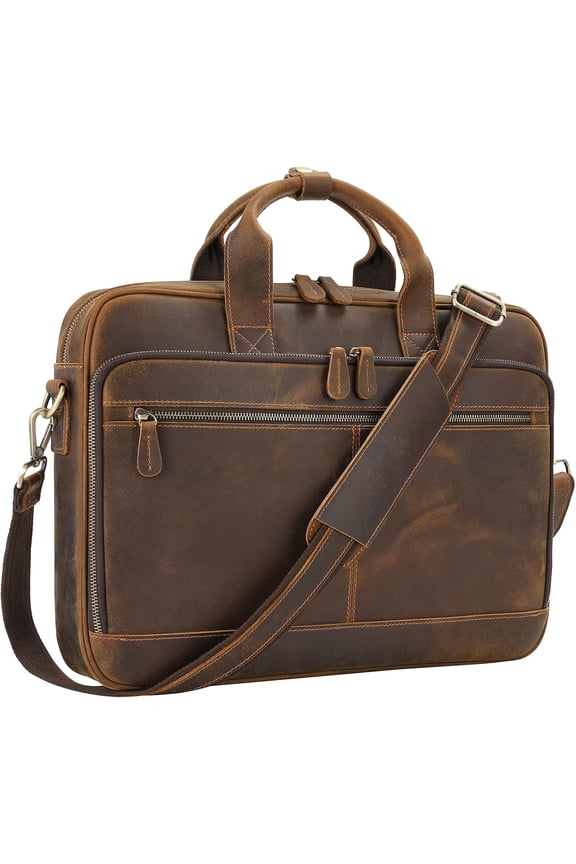 Full Grain Leather Briefcase for Men, Business Messenger Bag Laptop Bag Attache Case, Fits 15.6 Inch Laptop