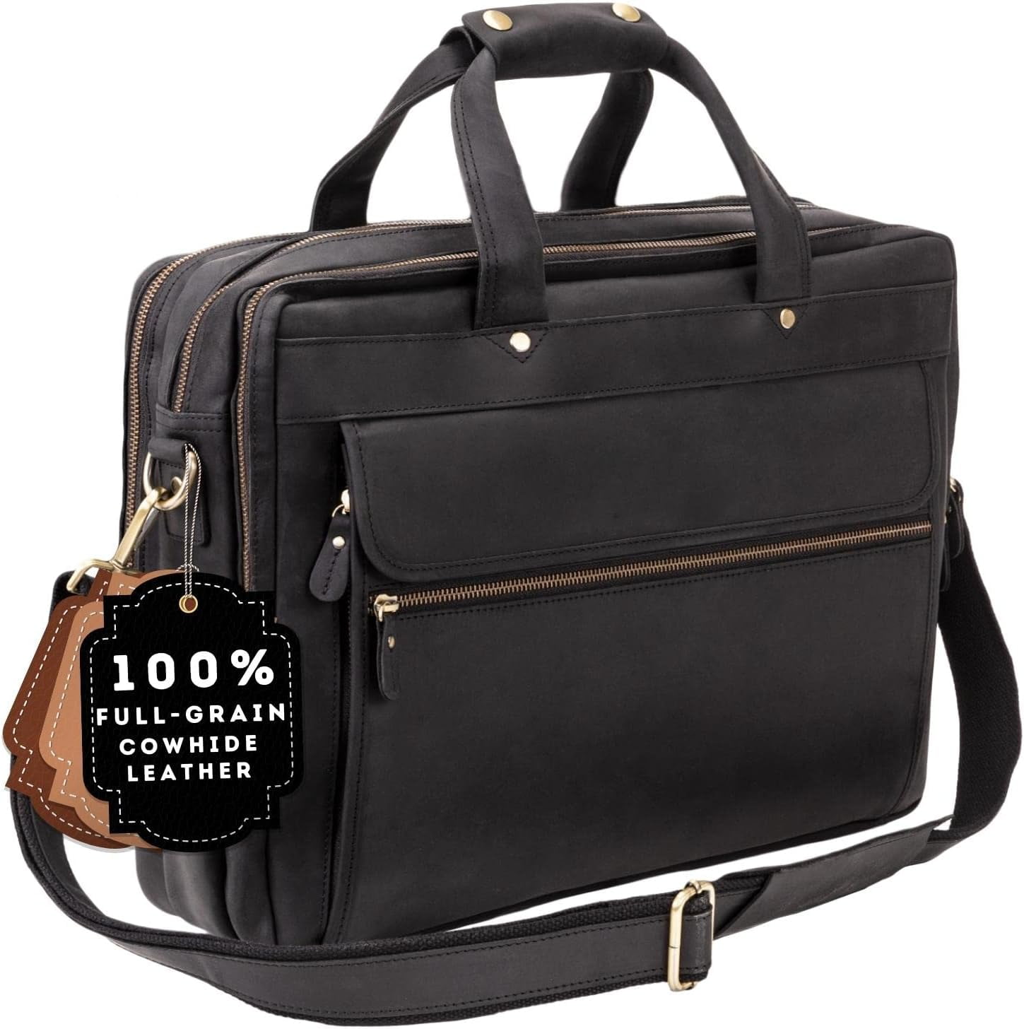 Full Grain Leather Briefcase for Men, Handcrafted, Fits 15.6" Laptop - Black