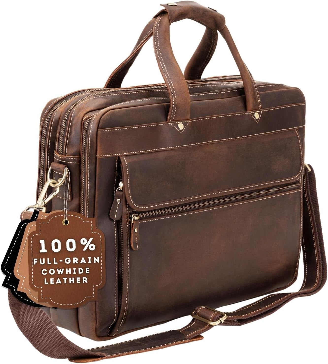 Full Grain Leather Briefcase for Men, Handcrafted, Fits 15.6" Laptop - Dark Brown