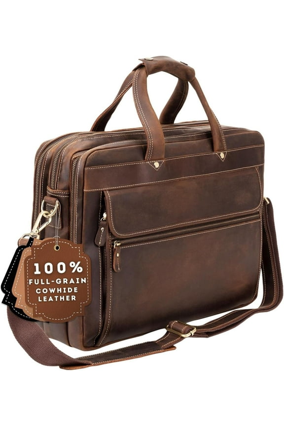 Full Grain Leather Briefcase for Men, Handcrafted, Fits 15.6" Laptop - Dark Brown