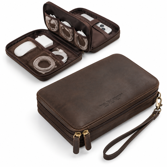 Full Grain Leather Double Layer Electronics Carrying Case with YKK Zippers