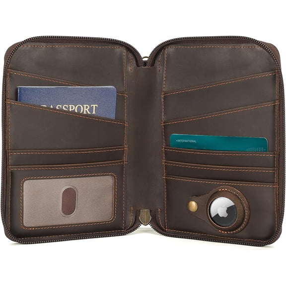 Full Grain Leather Family Passport Wallet for 4 , RFID Blocking Bifold Passport Cover Travel Document Organizer Holder for Women and Men (Dark Brown with AirTag Slot)