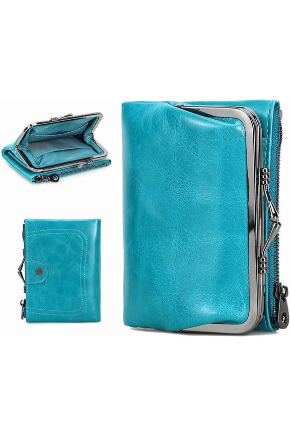 Full Grain Leather Kiss Lock Wallet for Women Kiss Clasp Coin Purse Vintage Small RFID Bifold Wallet (Blue)