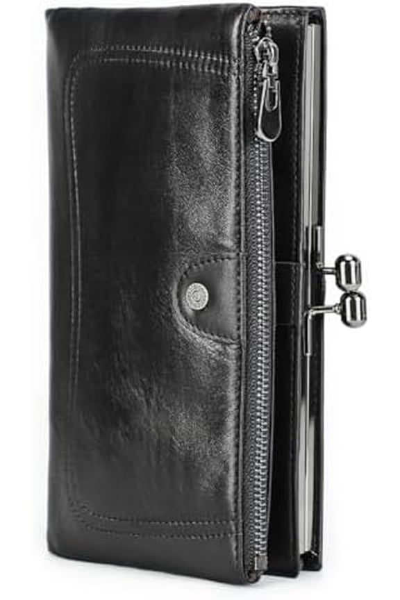 Full Grain Leather Kiss Lock Wallet for Women Vintage Clutch Wallet RFID Bifold Phone Wallet Card Holder