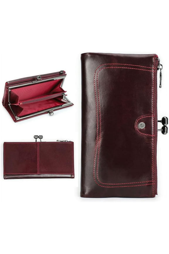 Full Grain Leather Kiss Lock Wallet for Women Vintage Kiss Clasp Wallet Coin Purse RFID Bifold Phone Wallet Card Holder (Peacock Blue)