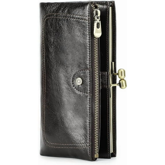 Full Grain Leather Kiss Lock Wallet for Women Vintage Kiss Clasp Wallet Coin Purse RFID Bifold Phone Wallet Card Holder (Peacock Blue)