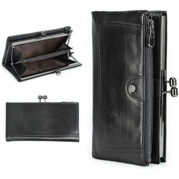 Full Grain Leather Kiss Lock Wallet for Women Vintage Kiss Clasp Wallet Coin Purse RFID Bifold Phone Wallet Card Holder (Peacock Blue)