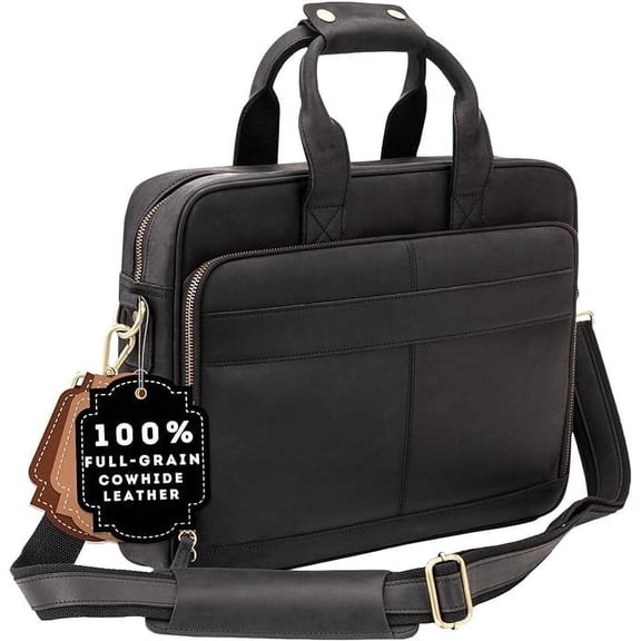 Full-Grain Leather Laptop Briefcase For Men, Leather Bag, Leather Computer Bag For Men - Black