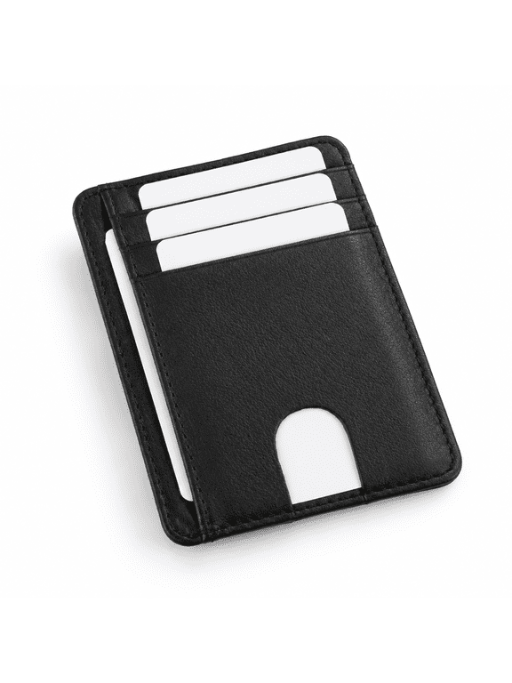 Full Grain Leather Slim Minimalist Wallet, Black, Fits 6-10 Cards with ID Slot