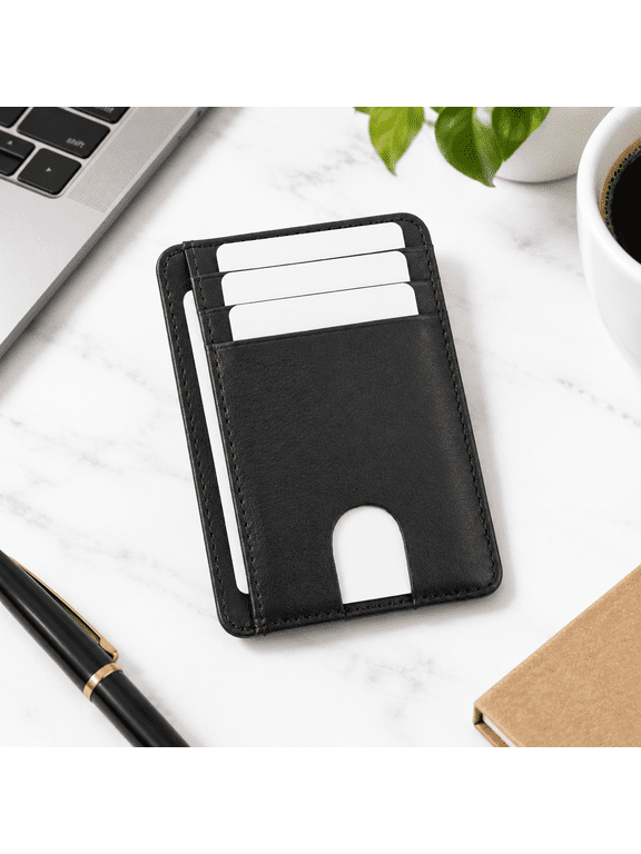 Full Grain Leather Slim Minimalist Wallet for Men and Women, Black, Small Front Pocket Card Holder
